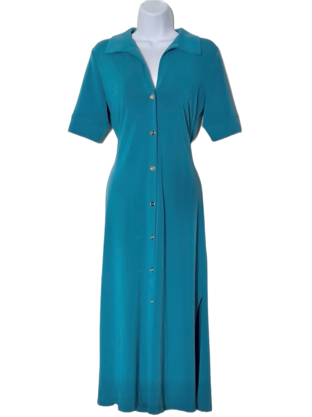 Leota Teal Collared Button-Front Midi Dress with Short Sleeves Size S